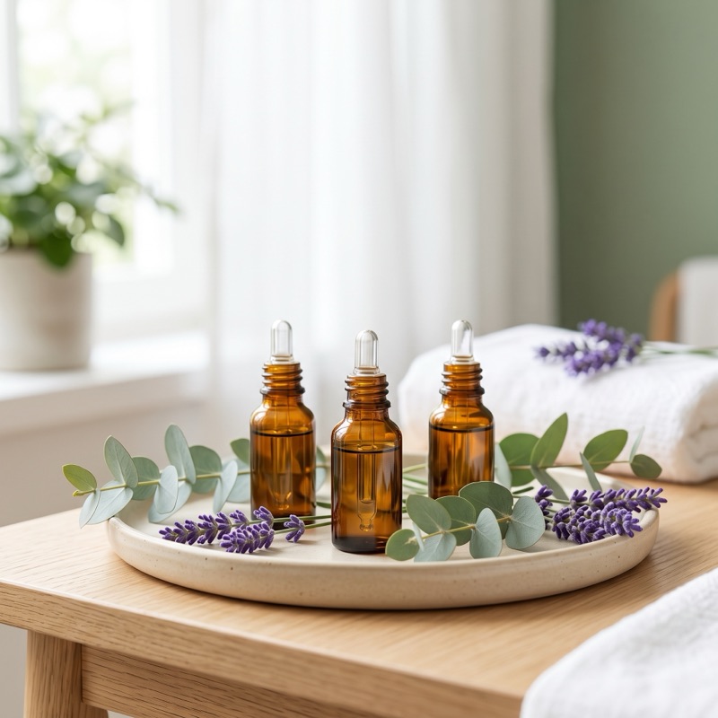 Frascos ámbar de aceites esenciales con eucalipto y lavanda