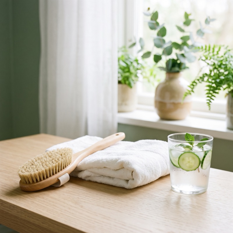 Cepillo de cerdas naturales, toalla blanca y vaso de agua con pepino