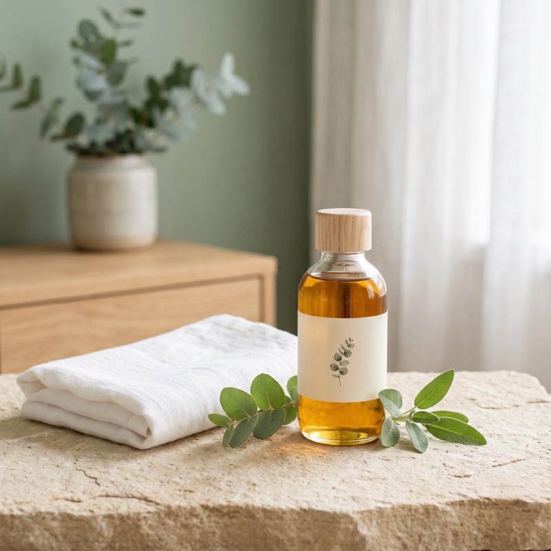 Botella de aceite de masaje junto a toalla de lino blanco