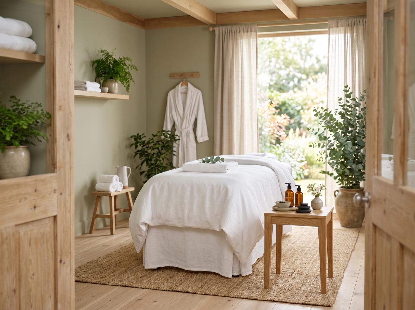 Cabina de masaje completa con camilla, aceites y plantas